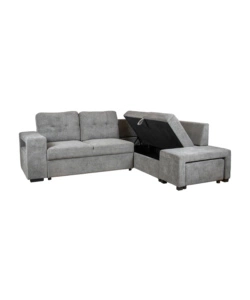 DIVANO LETTO CON PENISOLA A DESTRA BELLAHOME "GAIA" TESSUTO GRIGIO CON POUF E CONTENITORI, 254X83/194X88 CM